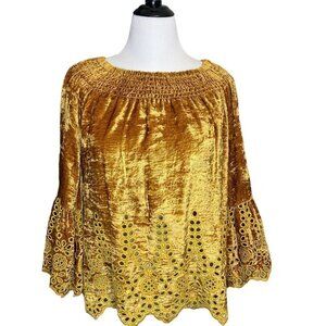 John mark smocked velvet off shoulder eyelet bell sleeve gold top shirt blouse M